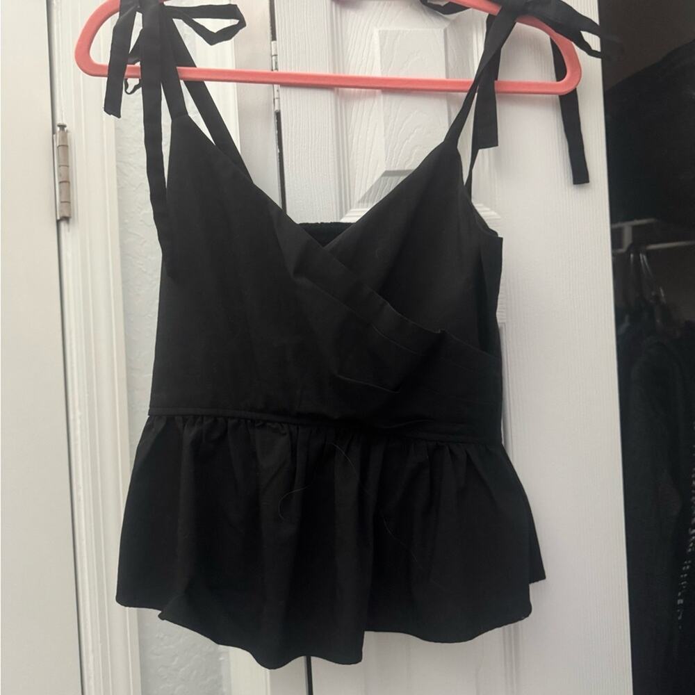 028 - Express V-Neck Tie Strap Faux Wrap Black Women's Peplum Top Size S